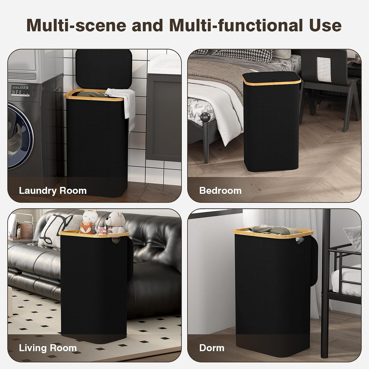 160L Laundry Hamper with Lid, 3 Section Laundry Basket with 3 Removable Bag