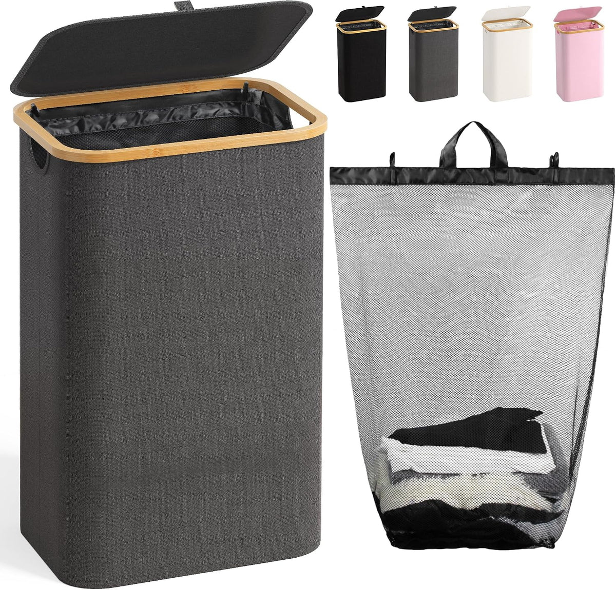 160L Laundry Hamper with Lid, 3 Section Laundry Basket with 3 Removable Bag