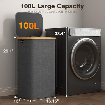 160L Laundry Hamper with Lid, 3 Section Laundry Basket with 3 Removable Bag