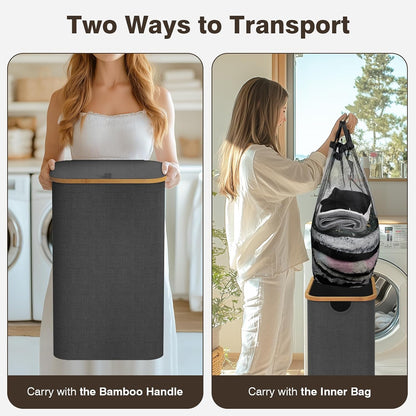 160L Laundry Hamper with Lid, 3 Section Laundry Basket with 3 Removable Bag