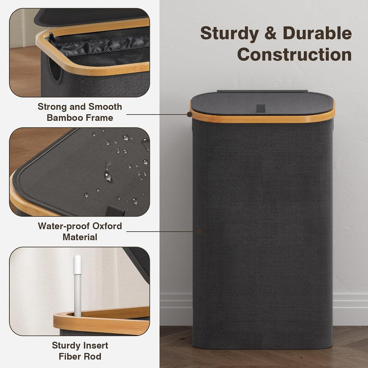 160L Laundry Hamper with Lid, 3 Section Laundry Basket with 3 Removable Bag