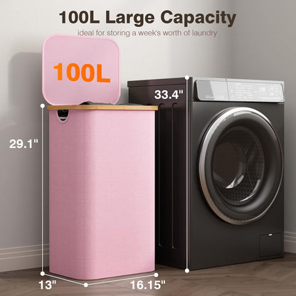 160L Laundry Hamper with Lid, 3 Section Laundry Basket with 3 Removable Bag