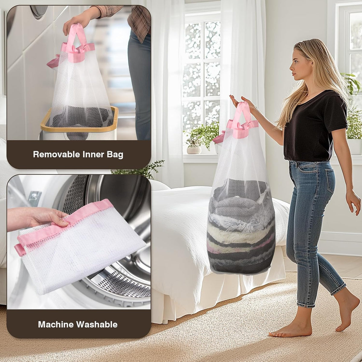 160L Laundry Hamper with Lid, 3 Section Laundry Basket with 3 Removable Bag