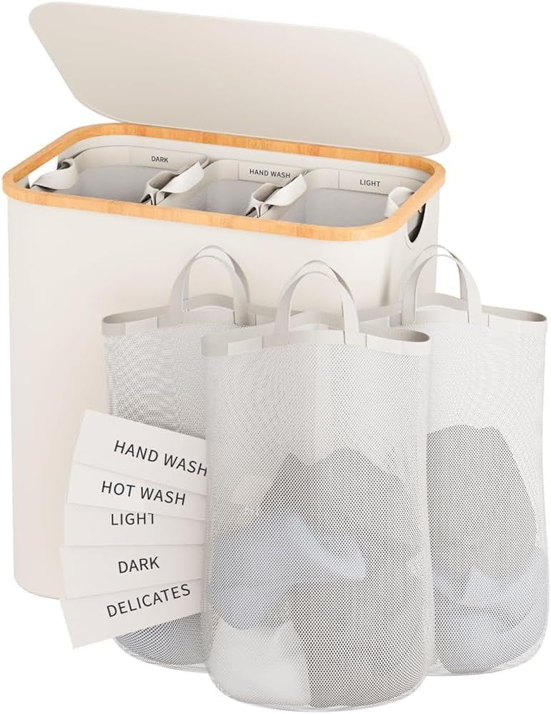 160L Laundry Hamper with Lid, 3 Section Laundry Basket with 3 Removable Bag