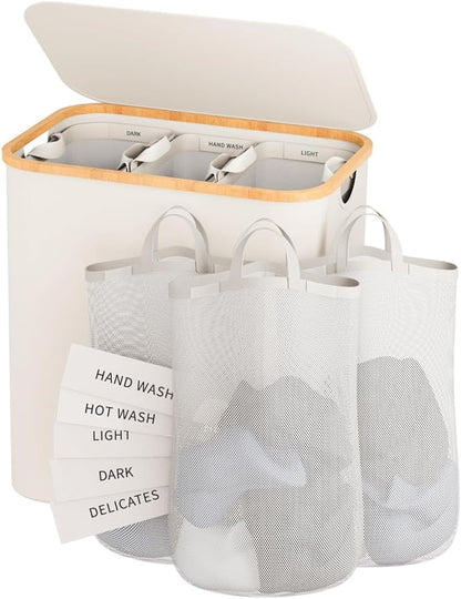 160L Laundry Hamper with Lid, 3 Section Laundry Basket with 3 Removable Bag
