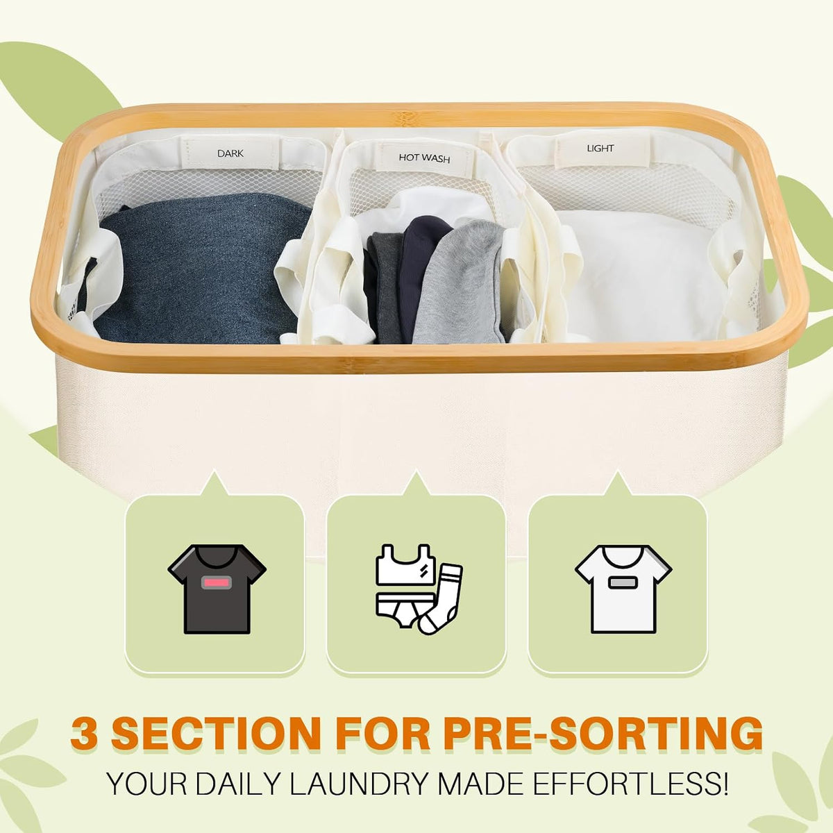 160L Laundry Hamper with Lid, 3 Section Laundry Basket with 3 Removable Bag