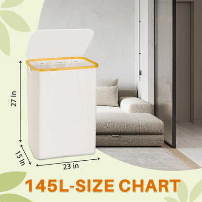 160L Laundry Hamper with Lid, 3 Section Laundry Basket with 3 Removable Bag