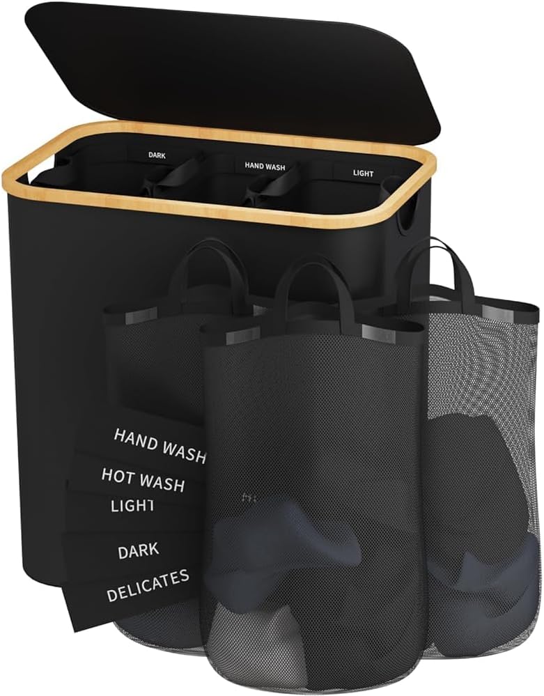 160L Laundry Hamper with Lid, 3 Section Laundry Basket with 3 Removable Bag