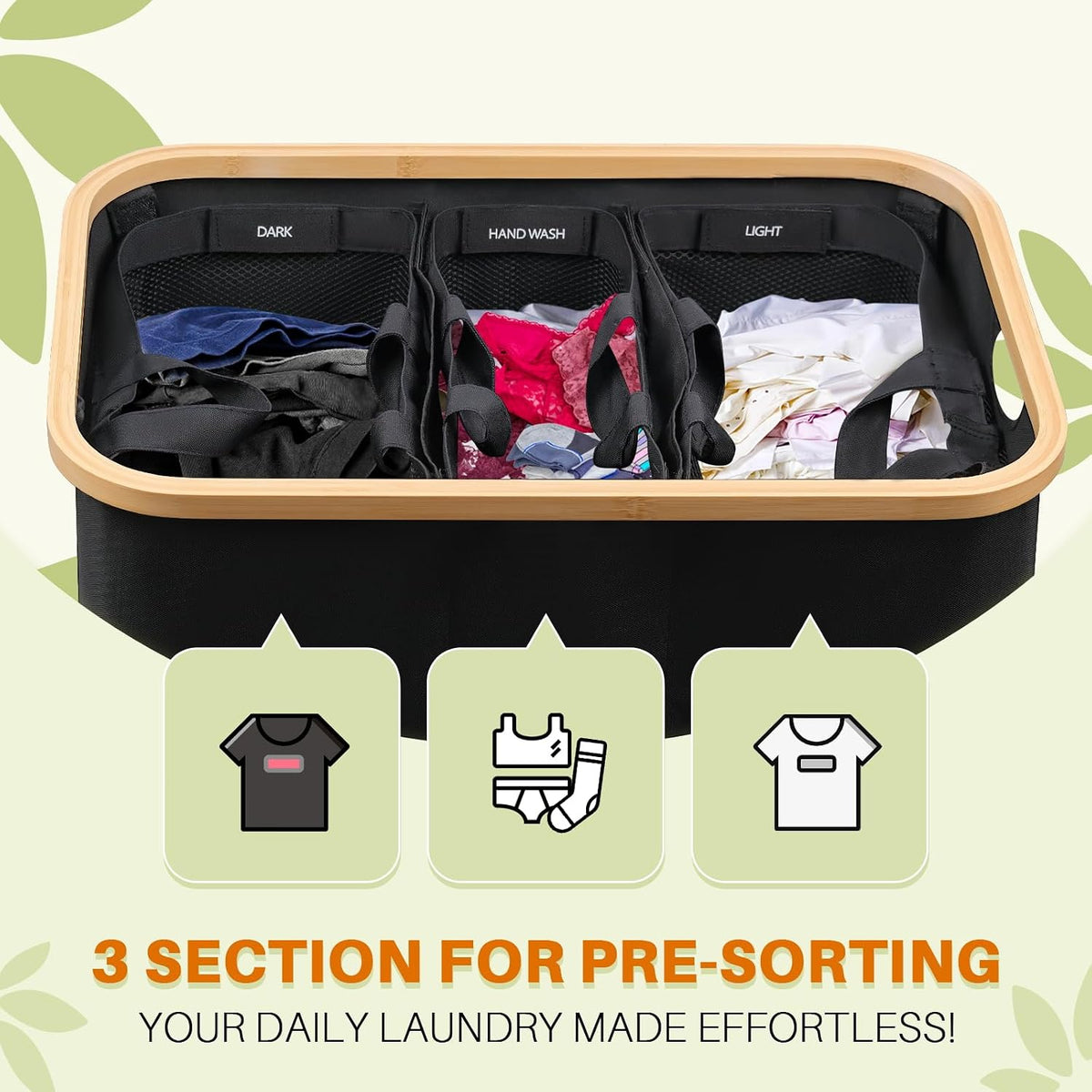 160L Laundry Hamper with Lid, 3 Section Laundry Basket with 3 Removable Bag