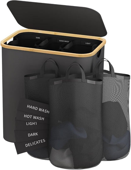 160L Laundry Hamper with Lid, 3 Section Laundry Basket with 3 Removable Bag