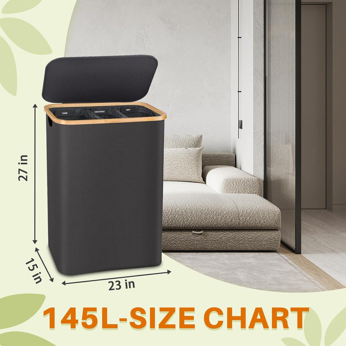 160L Laundry Hamper with Lid, 3 Section Laundry Basket with 3 Removable Bag
