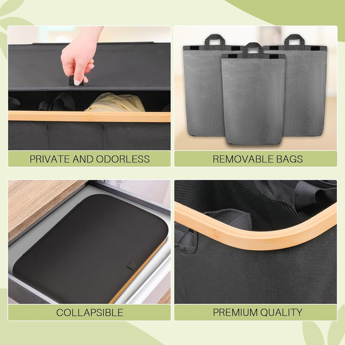 160L Laundry Hamper with Lid, 3 Section Laundry Basket with 3 Removable Bag