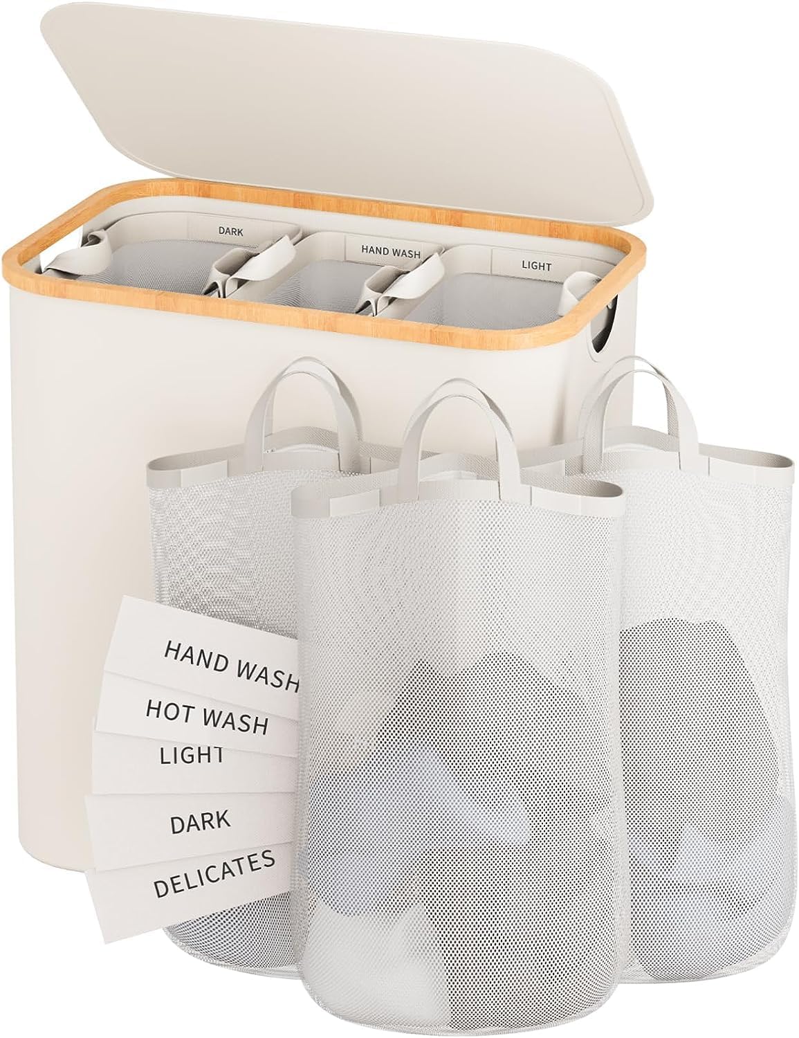160L Laundry Hamper with Lid, 3 Section Laundry Basket with 3 Removable Bag