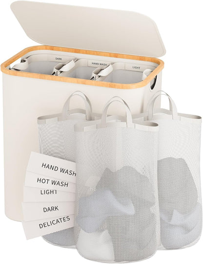 160L Laundry Hamper with Lid, 3 Section Laundry Basket with 3 Removable Bag