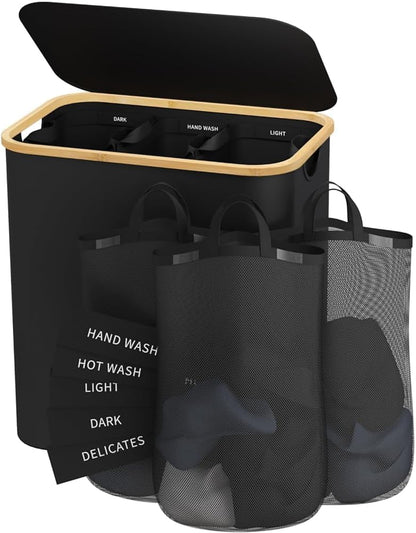 160L Laundry Hamper with Lid, 3 Section Laundry Basket with 3 Removable Bag