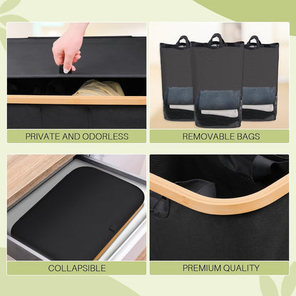160L Laundry Hamper with Lid, 3 Section Laundry Basket with 3 Removable Bag