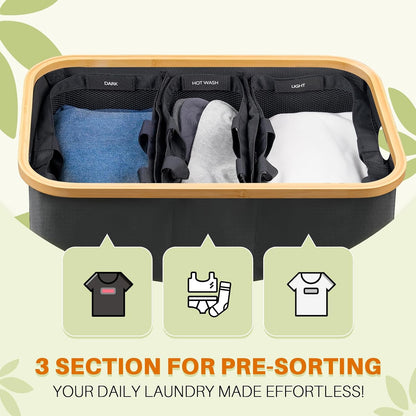 160L Laundry Hamper with Lid, 3 Section Laundry Basket with 3 Removable Bag