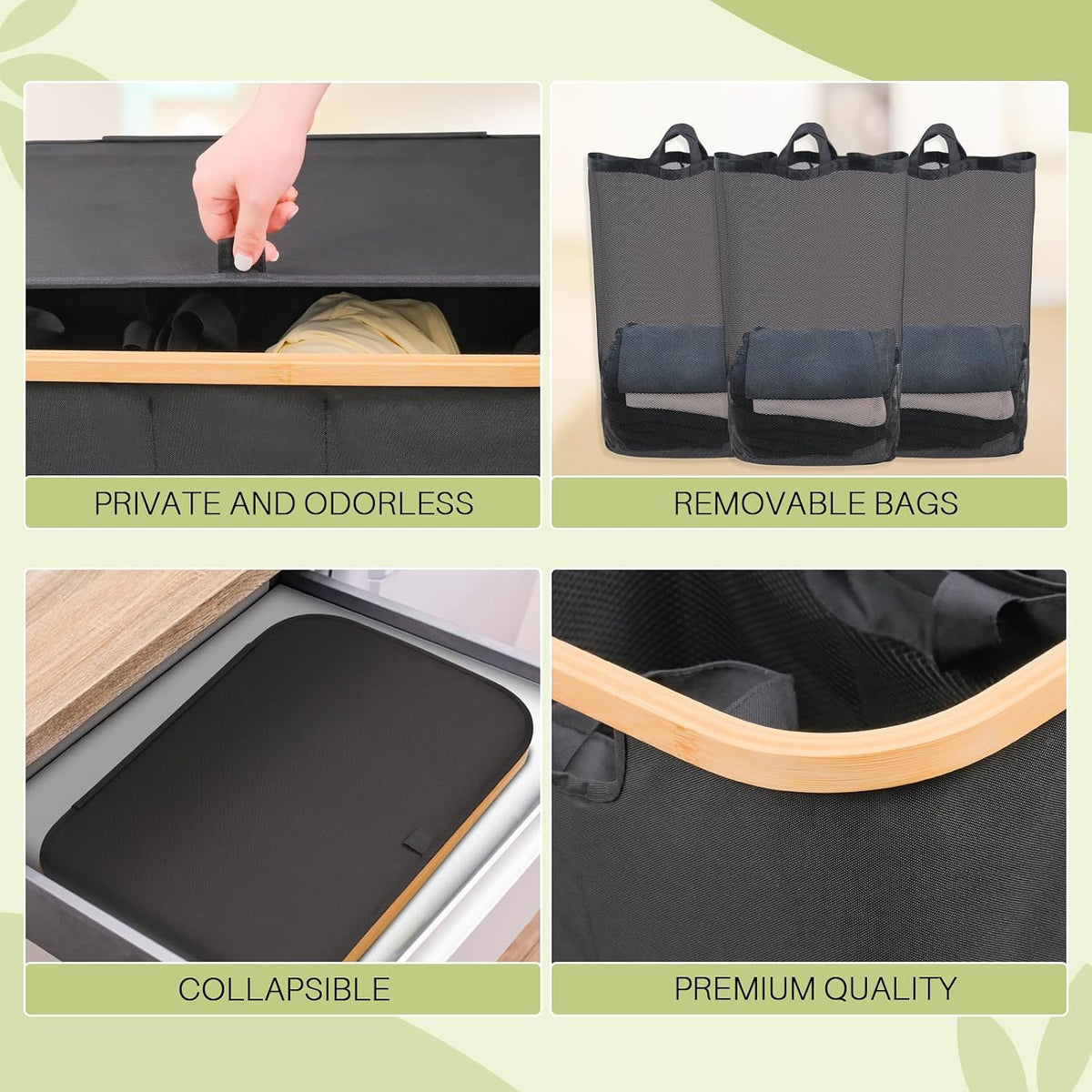 160L Laundry Hamper with Lid, 3 Section Laundry Basket with 3 Removable Bag