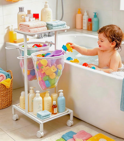 Bath Toy Storage Holder, Quick Drying Bathtub Toy Organizer with 2 Hanging Mesh Net and Shower Caddy, Large Bath Tub Toy Bin Easy Access, Freestanding Bathroom Toys Basket Cart for Toddler