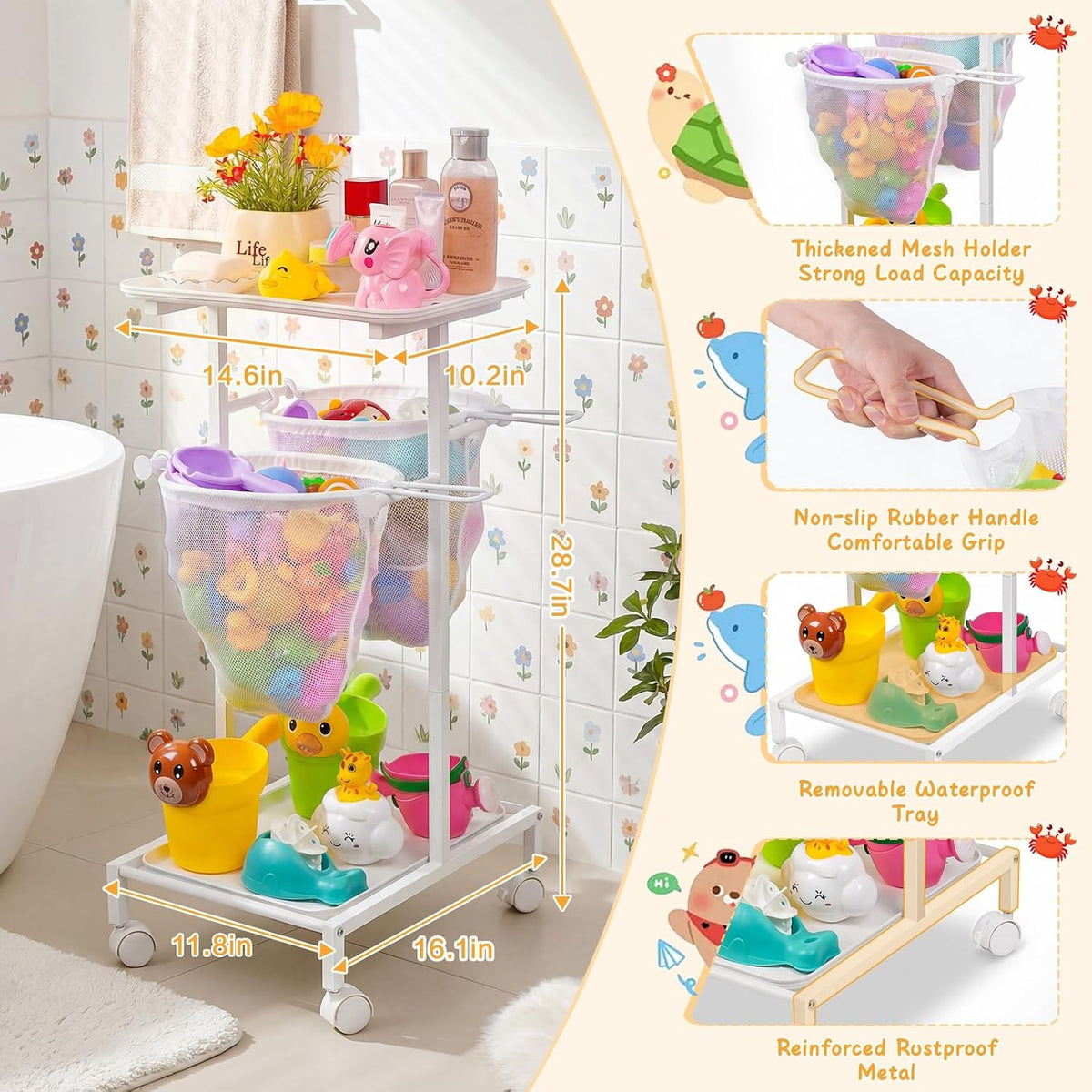 Bath Toy Storage Holder, Quick Drying Bathtub Toy Organizer with 2 Hanging Mesh Net and Shower Caddy, Large Bath Tub Toy Bin Easy Access, Freestanding Bathroom Toys Basket Cart for Toddler