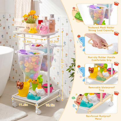 Bath Toy Storage Holder, Quick Drying Bathtub Toy Organizer with 2 Hanging Mesh Net and Shower Caddy, Large Bath Tub Toy Bin Easy Access, Freestanding Bathroom Toys Basket Cart for Toddler