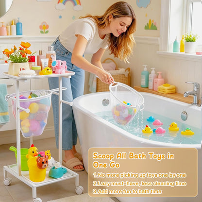 Bath Toy Storage Holder, Quick Drying Bathtub Toy Organizer with 2 Hanging Mesh Net and Shower Caddy, Large Bath Tub Toy Bin Easy Access, Freestanding Bathroom Toys Basket Cart for Toddler
