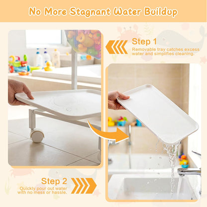 Bath Toy Storage Holder, Quick Drying Bathtub Toy Organizer with 2 Hanging Mesh Net and Shower Caddy, Large Bath Tub Toy Bin Easy Access, Freestanding Bathroom Toys Basket Cart for Toddler