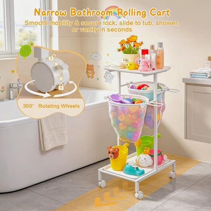 Bath Toy Storage Holder, Quick Drying Bathtub Toy Organizer with 2 Hanging Mesh Net and Shower Caddy, Large Bath Tub Toy Bin Easy Access, Freestanding Bathroom Toys Basket Cart for Toddler
