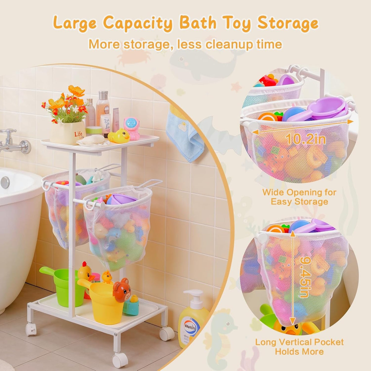 Bath Toy Storage Holder, Quick Drying Bathtub Toy Organizer with 2 Hanging Mesh Net and Shower Caddy, Large Bath Tub Toy Bin Easy Access, Freestanding Bathroom Toys Basket Cart for Toddler