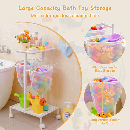 Bath Toy Storage Holder, Quick Drying Bathtub Toy Organizer with 2 Hanging Mesh Net and Shower Caddy, Large Bath Tub Toy Bin Easy Access, Freestanding Bathroom Toys Basket Cart for Toddler