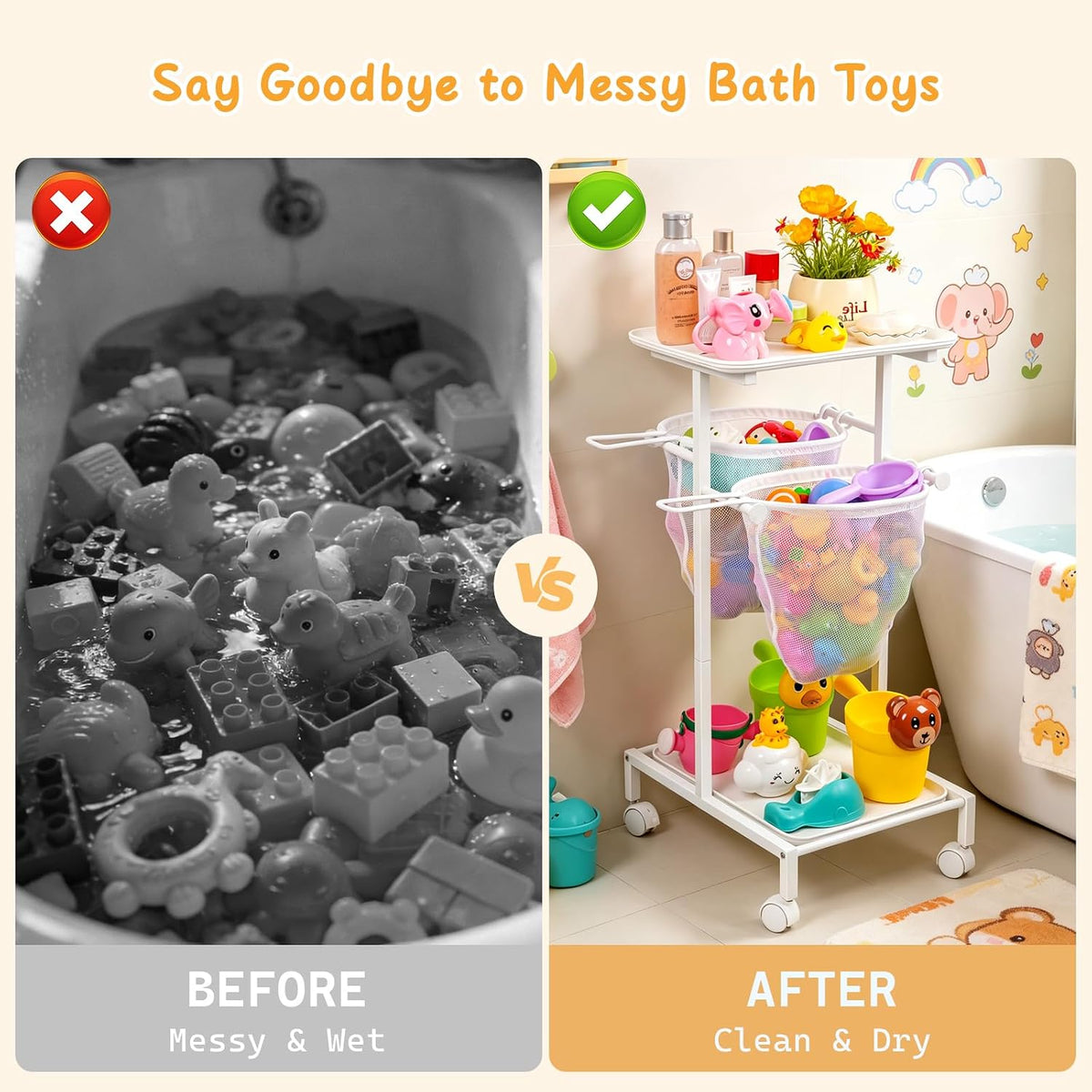Bath Toy Storage Holder, Quick Drying Bathtub Toy Organizer with 2 Hanging Mesh Net and Shower Caddy, Large Bath Tub Toy Bin Easy Access, Freestanding Bathroom Toys Basket Cart for Toddler