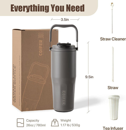 Ceramic-Lined Travel Tumbler, 26oz Insulated Stainless Steel Tumbler | with Handle, Straw & Sip Lid, Leakproof for Coffee, Tea & Daily Use
