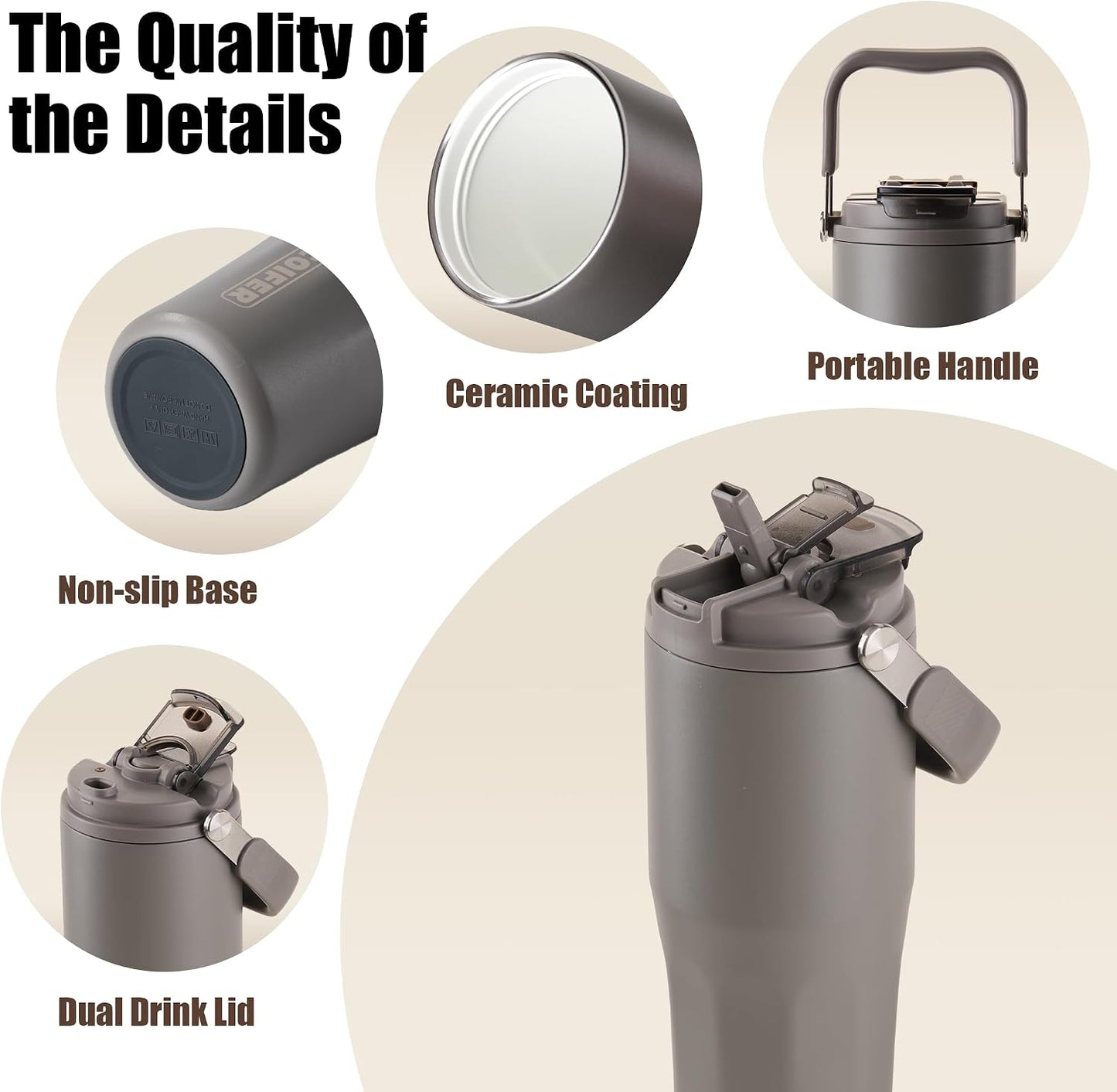 Ceramic-Lined Travel Tumbler, 26oz Insulated Stainless Steel Tumbler | with Handle, Straw & Sip Lid, Leakproof for Coffee, Tea & Daily Use