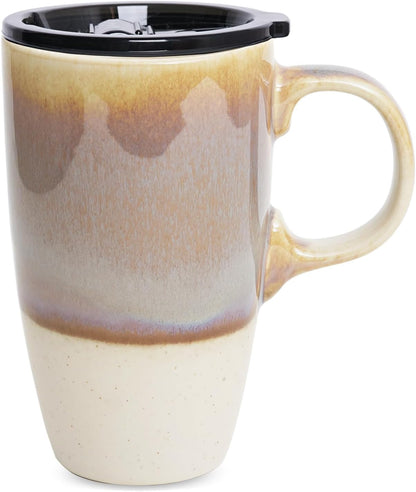 Ceramic Travel Coffee Mug with Handle and Lid, 18 oz, Portable Coffee Cup for Car Cup Holder, Microwave and Dishwasher Safe, Reactive Glaze (Brown)