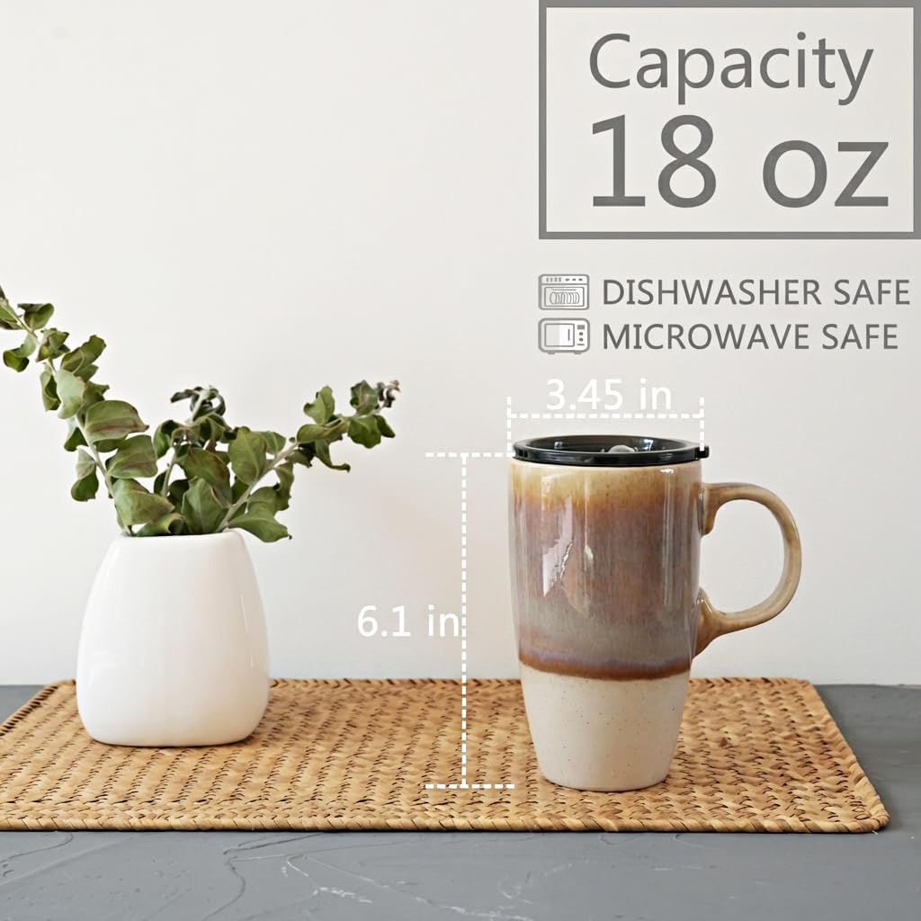 Ceramic Travel Coffee Mug with Handle and Lid, 18 oz, Portable Coffee Cup for Car Cup Holder, Microwave and Dishwasher Safe, Reactive Glaze (Brown)