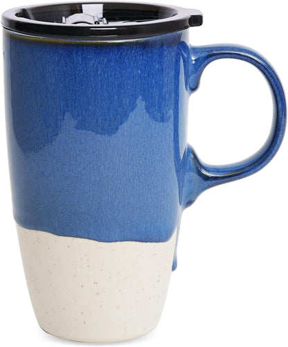 Ceramic Travel Coffee Mug with Handle and Lid, 18 oz, Portable Coffee Cup for Car Cup Holder, Microwave and Dishwasher Safe, Reactive Glaze (Brown)