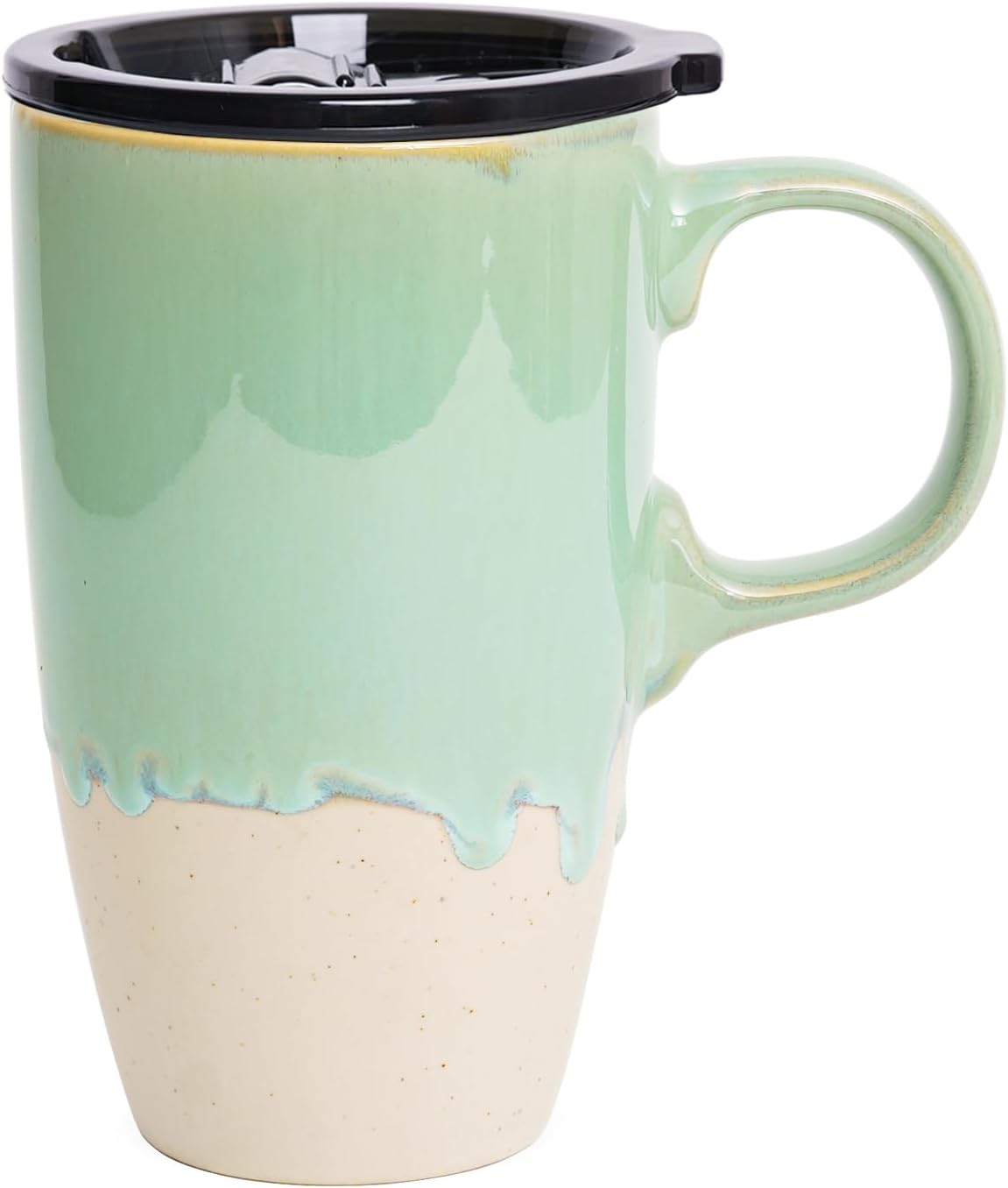 Ceramic Travel Coffee Mug with Handle and Lid, 18 oz, Portable Coffee Cup for Car Cup Holder, Microwave and Dishwasher Safe, Reactive Glaze (Brown)