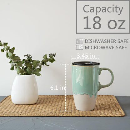 Ceramic Travel Coffee Mug with Handle and Lid, 18 oz, Portable Coffee Cup for Car Cup Holder, Microwave and Dishwasher Safe, Reactive Glaze (Brown)