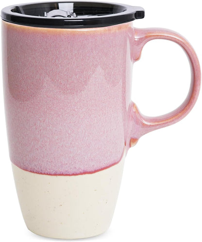 Ceramic Travel Coffee Mug with Handle and Lid, 18 oz, Portable Coffee Cup for Car Cup Holder, Microwave and Dishwasher Safe, Reactive Glaze (Brown)