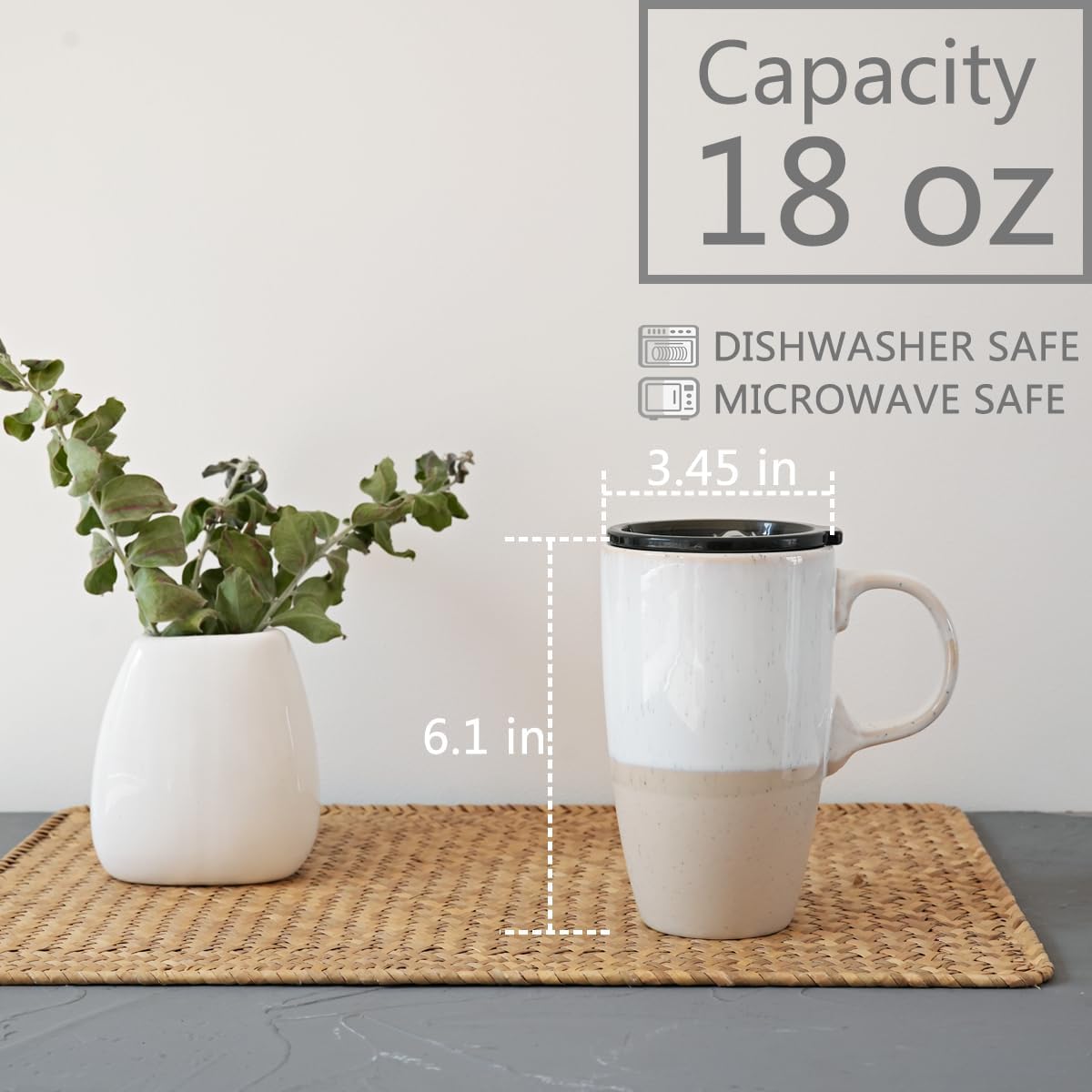 Ceramic Travel Coffee Mug with Handle and Lid, 18 oz, Portable Coffee Cup for Car Cup Holder, Microwave and Dishwasher Safe, Reactive Glaze (Brown)