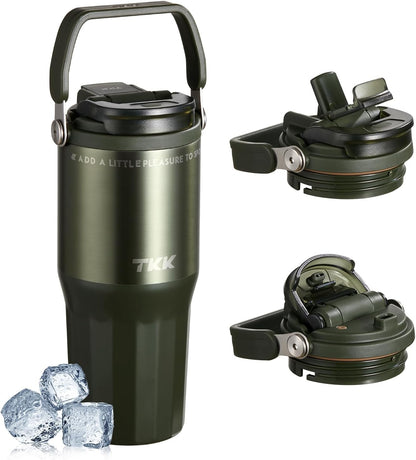 24 oz Ceramic Coated Tumbler with Straw Lid, 18/10 Stainless Steel Vacuum Tumblers, Leakproof Double Walled Car Cup with Handle & Tea Infuser& Dishwasher Safe, for Hot & Cold Drinks,Alpine Green