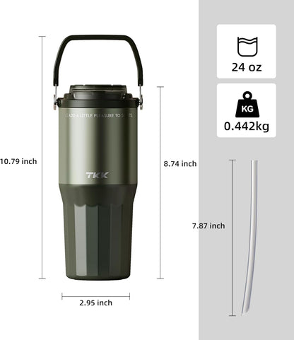 24 oz Ceramic Coated Tumbler with Straw Lid, 18/10 Stainless Steel Vacuum Tumblers, Leakproof Double Walled Car Cup with Handle & Tea Infuser& Dishwasher Safe, for Hot & Cold Drinks,Alpine Green