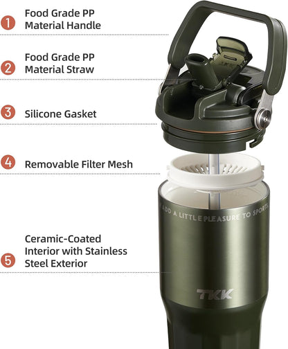 24 oz Ceramic Coated Tumbler with Straw Lid, 18/10 Stainless Steel Vacuum Tumblers, Leakproof Double Walled Car Cup with Handle & Tea Infuser& Dishwasher Safe, for Hot & Cold Drinks,Alpine Green