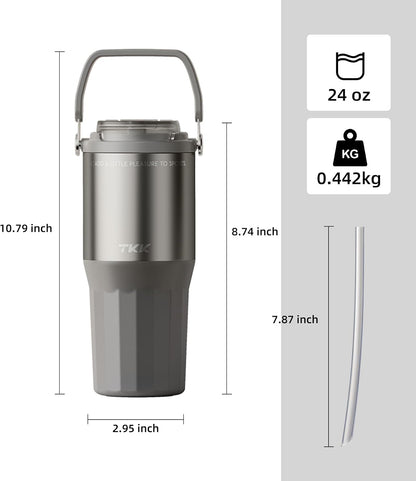24 oz Ceramic Coated Tumbler with Straw Lid, 18/10 Stainless Steel Vacuum Tumblers, Leakproof Double Walled Car Cup with Handle & Tea Infuser& Dishwasher Safe, for Hot & Cold Drinks,Alpine Green