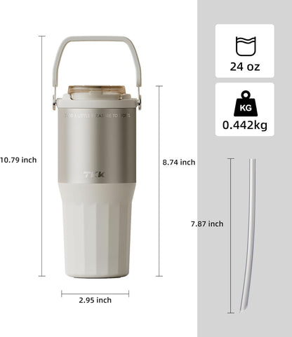 24 oz Ceramic Coated Tumbler with Straw Lid, 18/10 Stainless Steel Vacuum Tumblers, Leakproof Double Walled Car Cup with Handle & Tea Infuser& Dishwasher Safe, for Hot & Cold Drinks,Alpine Green