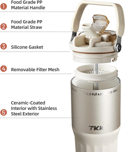 24 oz Ceramic Coated Tumbler with Straw Lid, 18/10 Stainless Steel Vacuum Tumblers, Leakproof Double Walled Car Cup with Handle & Tea Infuser& Dishwasher Safe, for Hot & Cold Drinks,Alpine Green