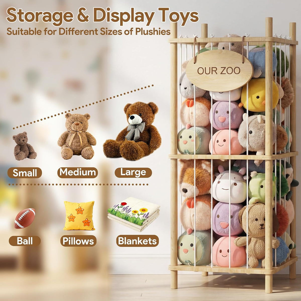 Brelley Stuffed Animal Storage Wood Toy Storage Organizer
