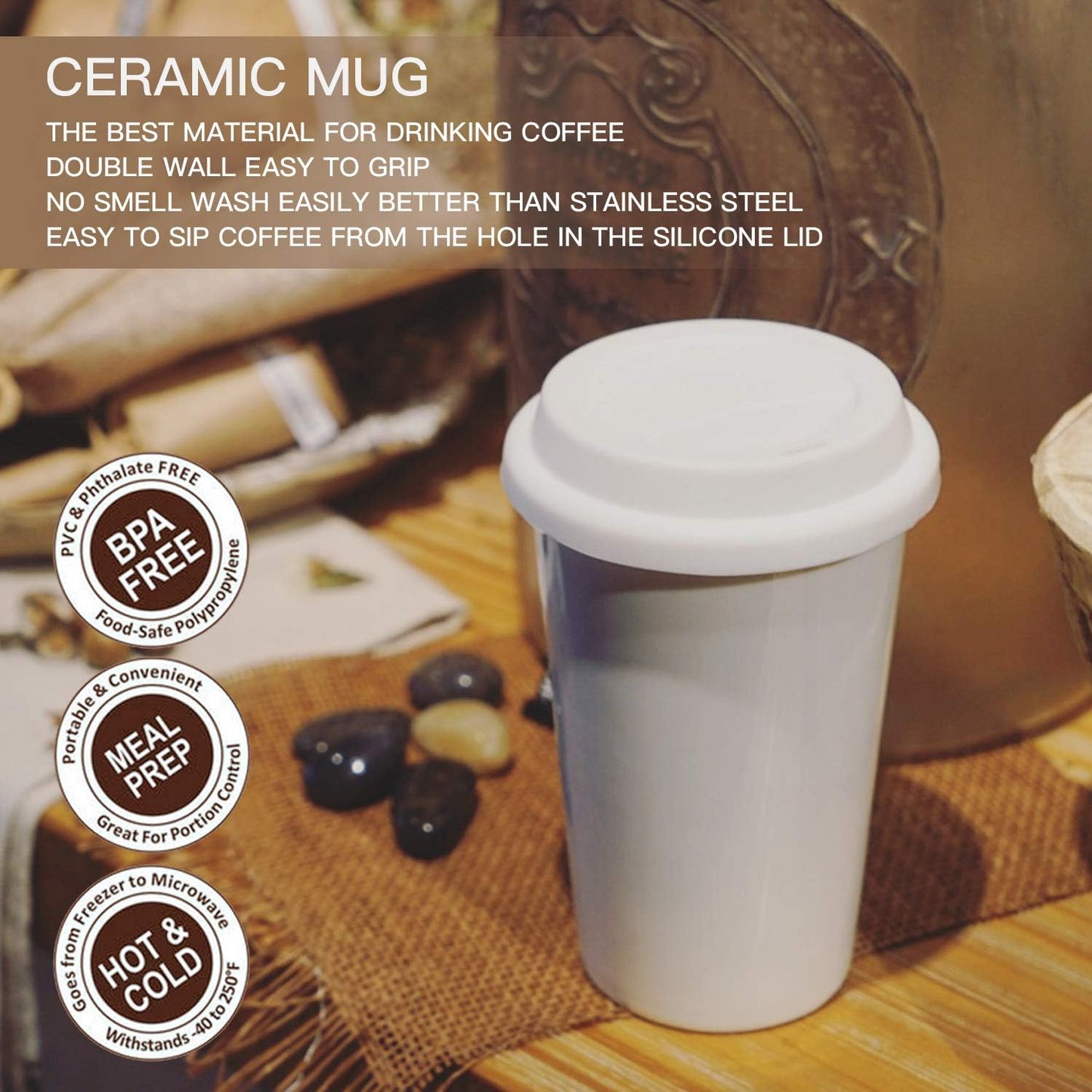 Double Wall Insulated Ceramic Cup, I Am Not a Paper Cup, 12oz, White | Reusable, Ceramic Travel Cup with Lid & Sleeve for Coffee On-The-Go, Microwave-Safe & Dishwash-Safe