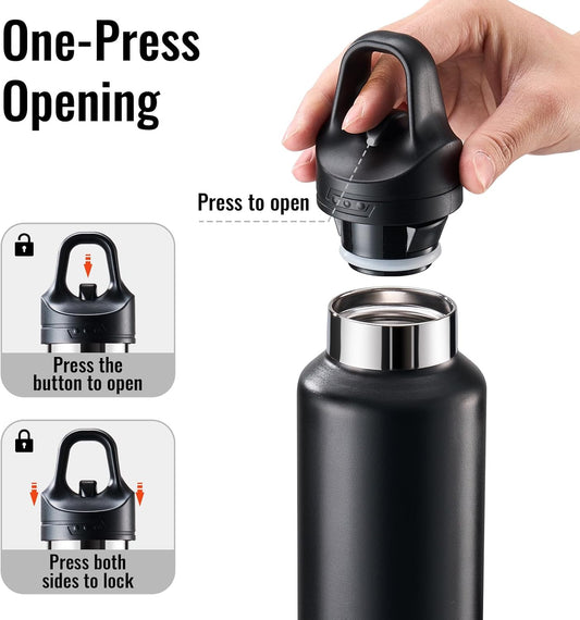 Insulated Water Bottle for Men, 21.6 oz Leak-Proof Tumbler, Black | One-touch lid opens one-handed; stainless steel travel water bottle for women fits cup holders during workouts and cycling
