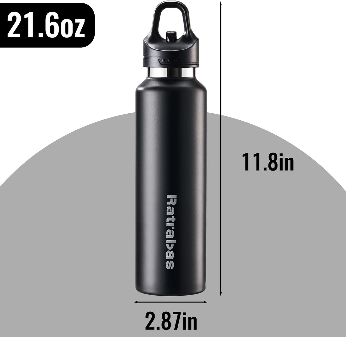 Insulated Water Bottle for Men, 21.6 oz Leak-Proof Tumbler, Black | One-touch lid opens one-handed; stainless steel travel water bottle for women fits cup holders during workouts and cycling